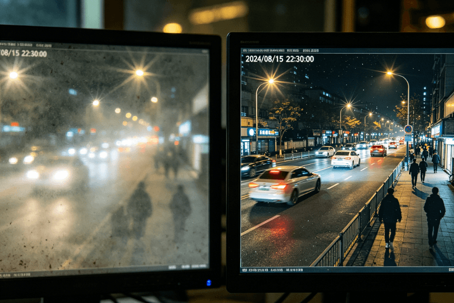 dirty vs clean security camera lens showing blurry footage