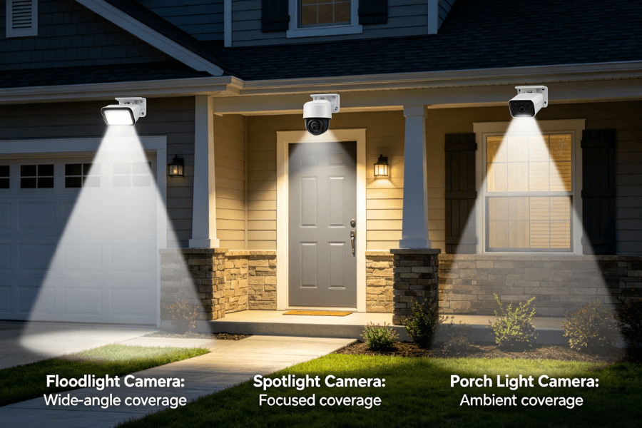 types of outdoor light cameras floodlight spotlight porch comparison